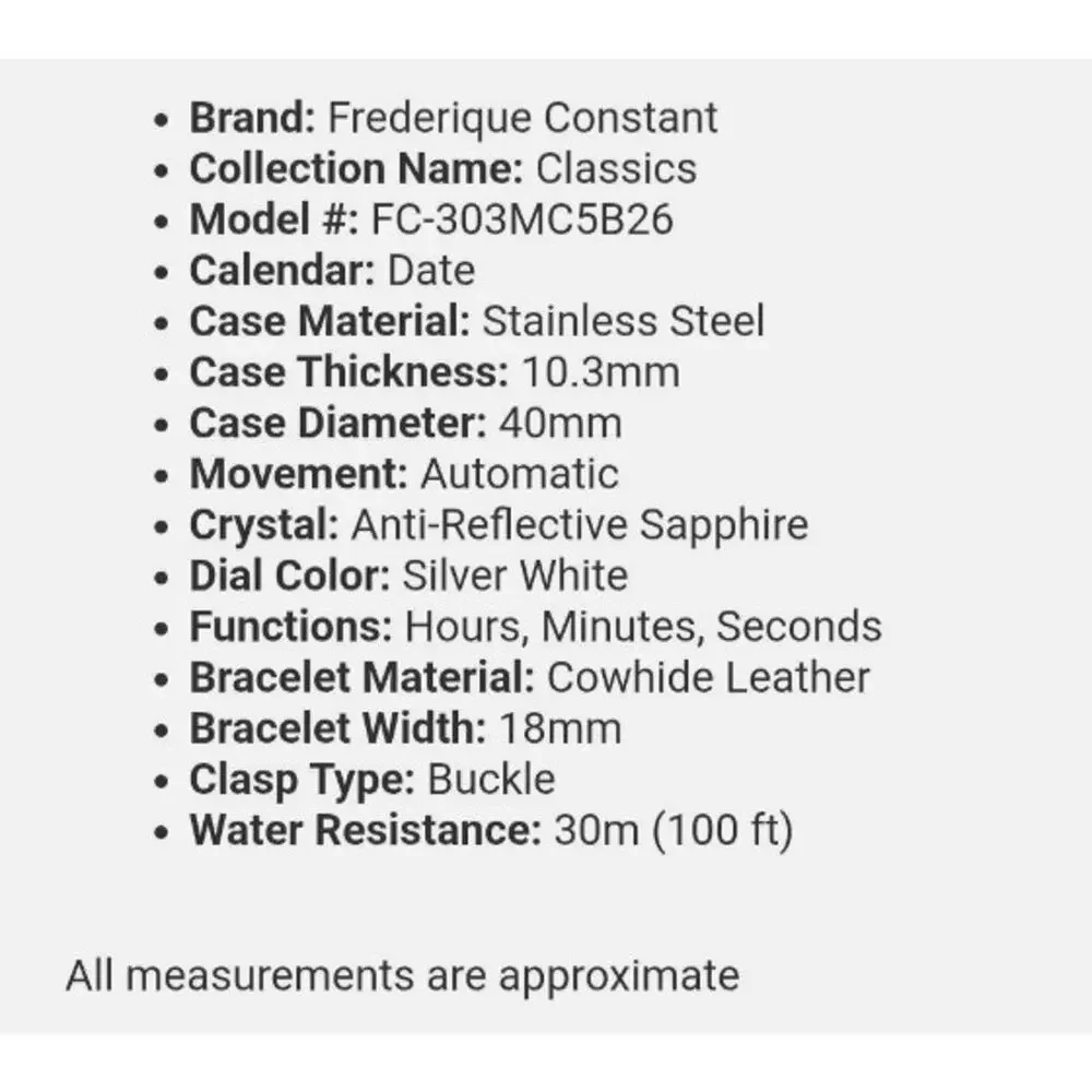 Frederique Constant Men's Automatic Classic Brown Stainless Steel FC303MC5B26
